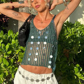 BXOXO Women's Knit Tank Tops with Sequin Summer Backless Sleeveless Spaghetti Strap Slim Fit Hollow Out Camisole Beach Coverup